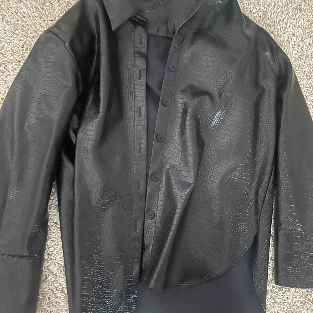Black Faux Leather Croc-Embossed Shirt